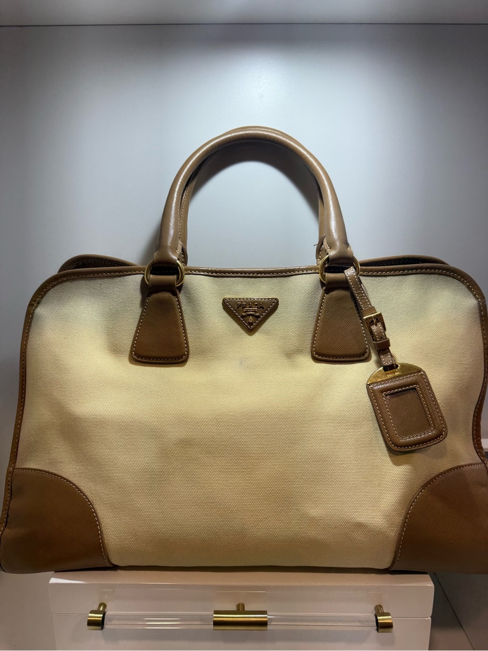 Prada Beige Canvas with Brown Saffiano Trim Tote